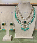 VeroniQ Trends-Victorian Bridal Double Line Turquoise Blue Beads Emerald And Polki Long Silver Necklace With Peacock Motif 92.5 Silver Moissanite Diamond Polki-Emerald Stone-Gold Plated-Wedding Jewellery-Punjabi Jewellery-South Indian-Thappa Jewellery