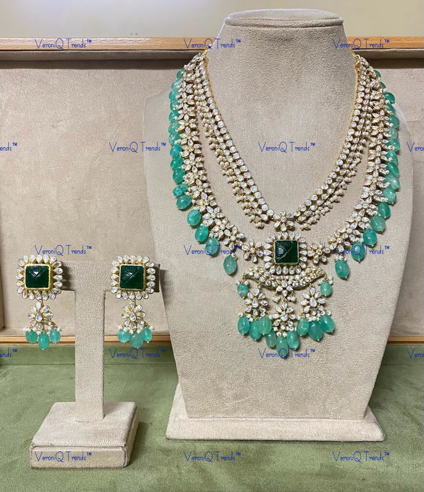 VeroniQ Trends-Victorian Bridal Double Line Turquoise Blue Beads Emerald And Polki Long Silver Necklace With Peacock Motif 92.5 Silver Moissanite Diamond Polki-Emerald Stone-Gold Plated-Wedding Jewellery-Punjabi Jewellery-South Indian-Thappa Jewellery