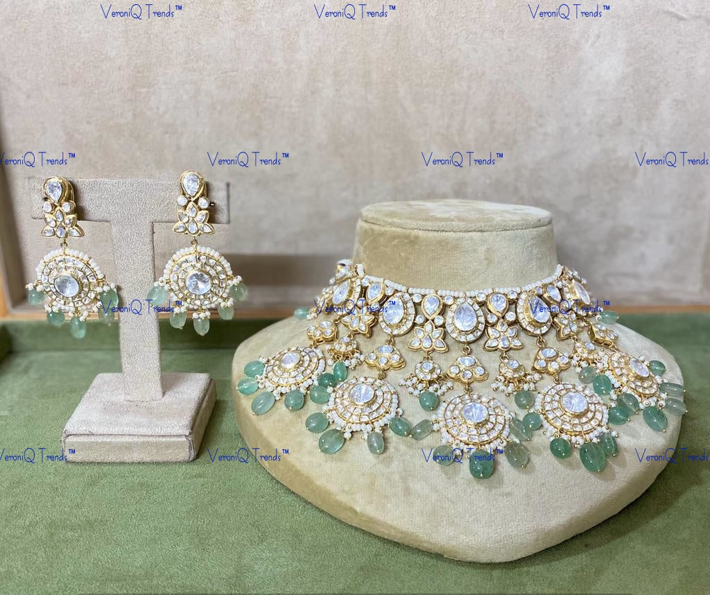 VeroniQ Trends-Victorian Bridal Polki Choker Silver Necklace With Green Beads 92.5 Silver Moissanite Diamond Polki-Gold Plated-Wedding Jewellery-Punjabi Jewellery-South Indian-Thappa Jewellery