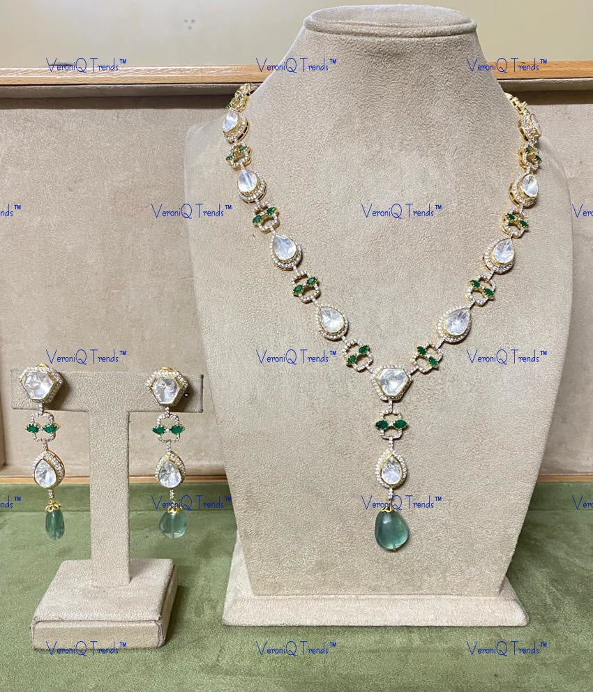 VeroniQ Trends-Victorian Single Line Emerald And Polki Long Silver Necklace 92.5 Silver Moissanite Diamond Polki-Emetald Stone-Gold Plated-Wedding Jewellery-Punjabi Jewellery-South Indian-Thappa Jewellery