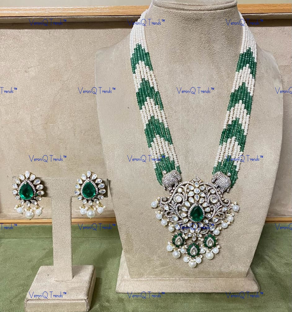 VeroniQ Trends-Victorian Multistrand Emerald And Polki Long Silver Necklace With Elephant Motif 92.5 Silver Moissanite Diamond Polki-Emerald Stone-Gold Plated-Wedding Jewellery-Punjabi Jewellery-South Indian-Thappa Jewellery