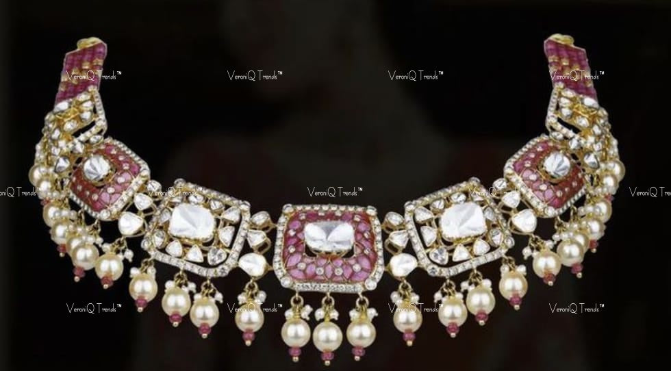 VeroniQ Trends-Victorian Bridal Ruby And Polki Silver Choker Necklace With Pearl 92.5 Sliver Mossianite Diamond Polki-Ruby Ston-Gold Plated-Wedding Jewelry-Punjabi Jewelry-South Indian-Thappa Jewelry