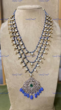 VeroniQ Trends-Victorian Bridal Multi-Line Amethyst Beads And Polki Long Silver Necklace 92.5 Silver Moissanite Diamond Polki-Gold Plated-Wedding Jewellery-Punjabi Jewellery-South Indian-Thappa Jewellery
