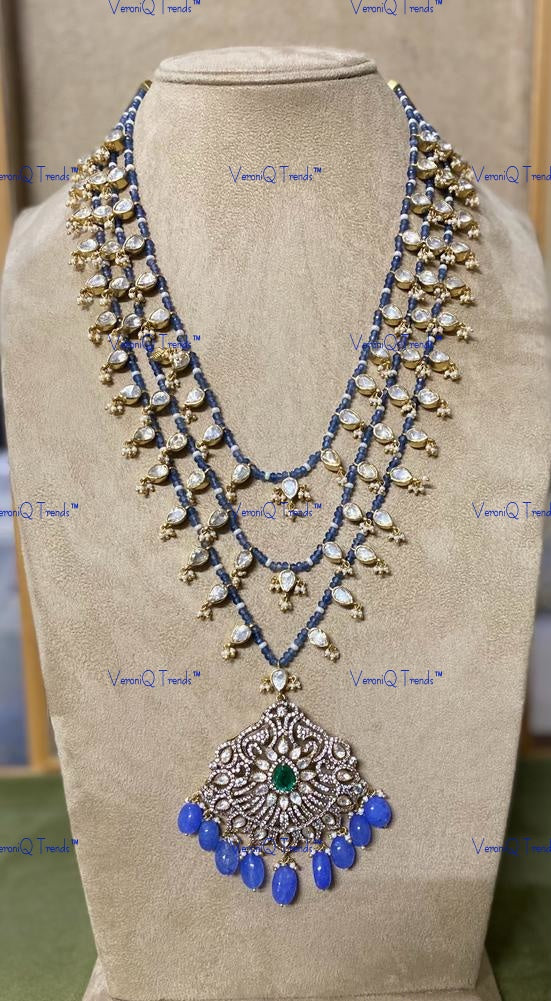 VeroniQ Trends-Victorian Bridal Multi-Line Amethyst Beads And Polki Long Silver Necklace 92.5 Silver Moissanite Diamond Polki-Gold Plated-Wedding Jewellery-Punjabi Jewellery-South Indian-Thappa Jewellery