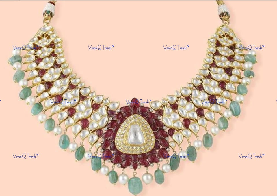 VeroniQ Trends-Elegant Pachi Kundan Choker Necklace With Ruby Carved Beads Pachi Kundan-Gold Plated-Wedding Jewellery-Punjabi Jewellery-South Indian-Thappa Jewellery