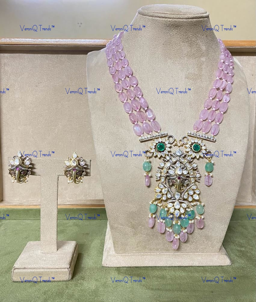 VeroniQ Trends-Victorian Ganesha Pendant Multistrand Ruby Pink Beads Emerald And Polki Long Silver Necklace 92.5 Silver Moissanite Diamond Polki-Emerald Stone-Gold Plated-Wedding Jewellery-Punjabi Jewellery-South Indian-Thappa Jewellery