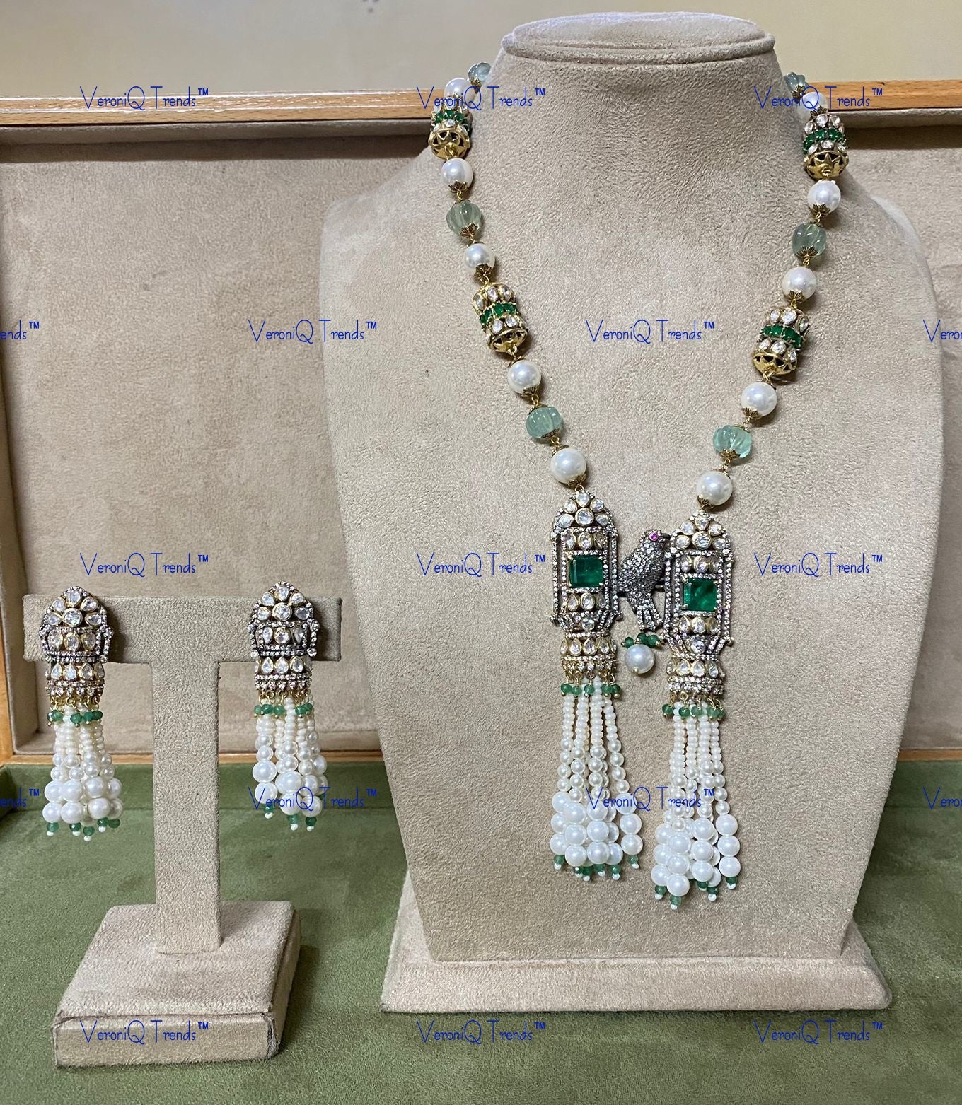VeroniQ Trends-Elegant Victorian Single Line Beaded Emerald And Polki Long Silver Necklace 92.5 Silver Moissanite Diamond Polki-Emerald Stone-Gold Plated-Wedding Jewellery-Punjabi Jewellery-South Indian-Thappa Jewellery