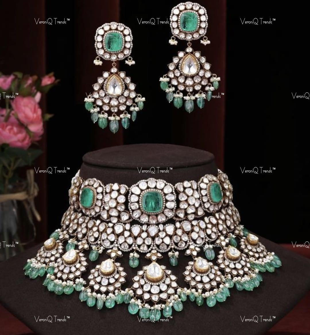VeroniQ Trends-Victorian Bridal Emerald And Polki Silver Choker Necklace With Chandbali Drops 92.5 Sliver Mossianite Diamond Polki-Emerald Stone-Gold Plated-Wedding Jewellery-Punjabi Jewellery-South Indian-Thappa Jewellery