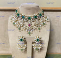 VeroniQ Trends-Victorian Emerald Ruby And Polki Choker Silver Necklace 92.5 Silver Moissanite Diamond Polki-Emerald Stone-Ruby Stone-Gold Plated-Wedding Jewellery-Punjabi Jewellery-South Indian-Thappa Jewellery
