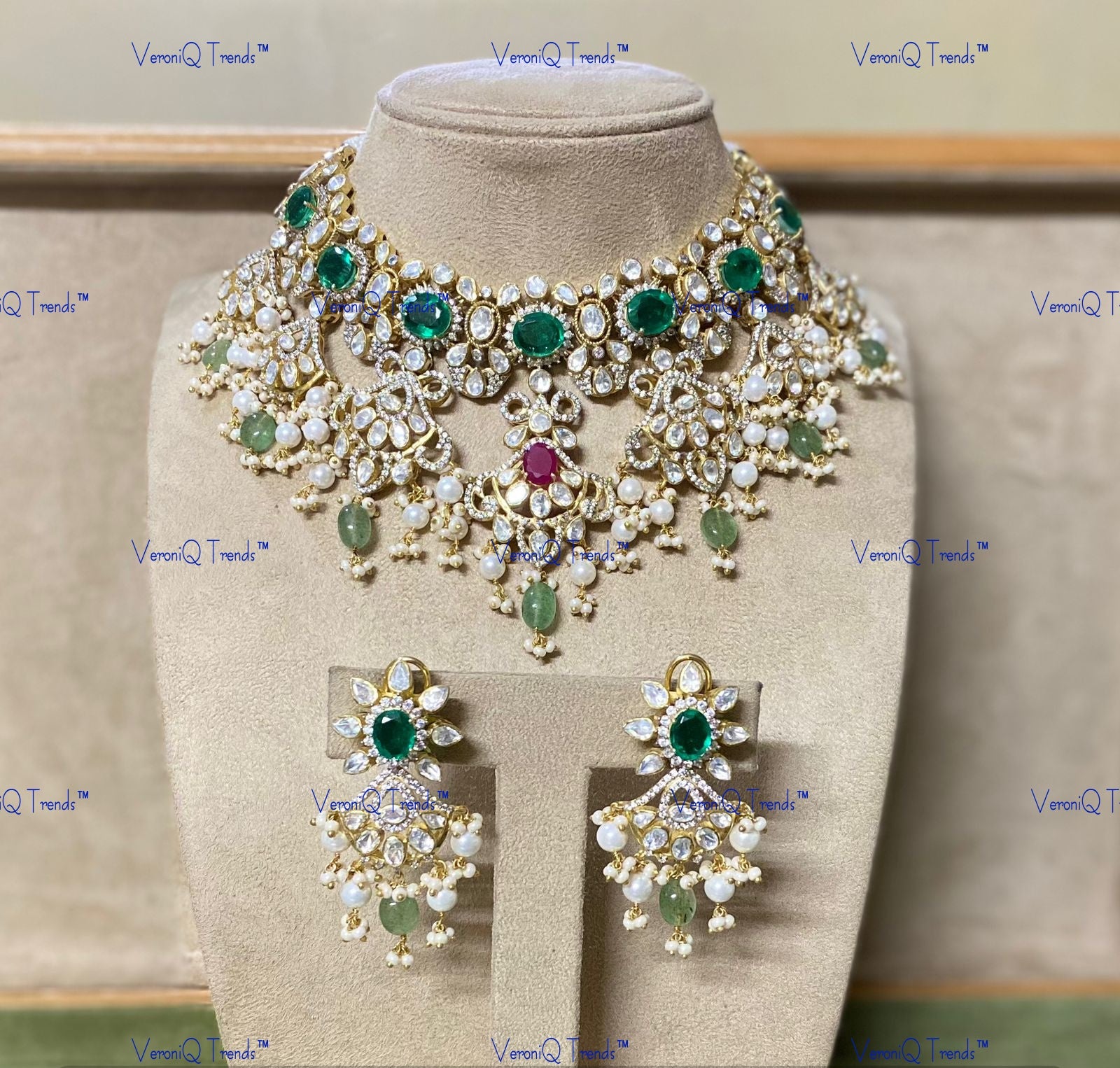 VeroniQ Trends-Victorian Emerald Ruby And Polki Choker Silver Necklace 92.5 Silver Moissanite Diamond Polki-Emerald Stone-Ruby Stone-Gold Plated-Wedding Jewellery-Punjabi Jewellery-South Indian-Thappa Jewellery