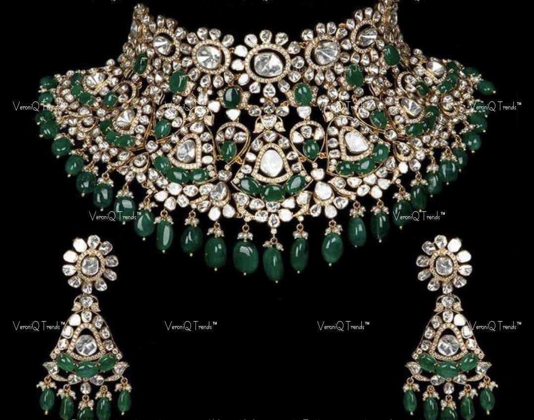 VeroniQ Trends-Victorian Bridal Emerald And Polki Silver Choker Necklace With Emerald Green Beads 92.5 Sliver Mossianite Diamond Polki-Emerald Stone-Gold Plated-Wedding Jewellery-Punjabi Jewellery-South Indian-Thappa Jewellery
