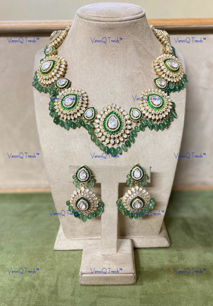 VeroniQ Trends-Victorian Emerald And Polki Silver Necklace With Green Beads 92.5 Silver Moissanite Diamond Polki-Emerald Stone-Gold Plated-Wedding Jewellery-Punjabi Jewellery-South Indian-Thappa Jewellery