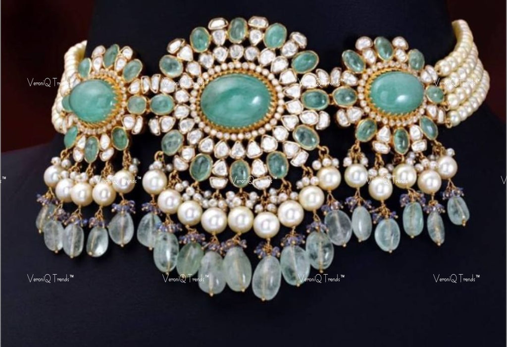 VeroniQ Trends-Victorian Bridal Pearl And Polki Silver Choker Necklace Pearl 92.5 Sliver Mossianite Diamond Polki-Fresh Water Pearl-Gold Plated-Wedding Jewellery-Punjabi Jewellery-South Indian-Thappa Jewellery