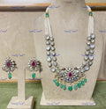 VeroniQ Trends-Victorian Peacock Design Double Line Ruby And Polki Silver Long Necklace With Green Beads 92.5 Silver Moissanite Diamond Polki-Ruby Stone-Gold Plated-Wedding Jewellery-Punjabi Jewellery-South Indian-Thappa Jewellery