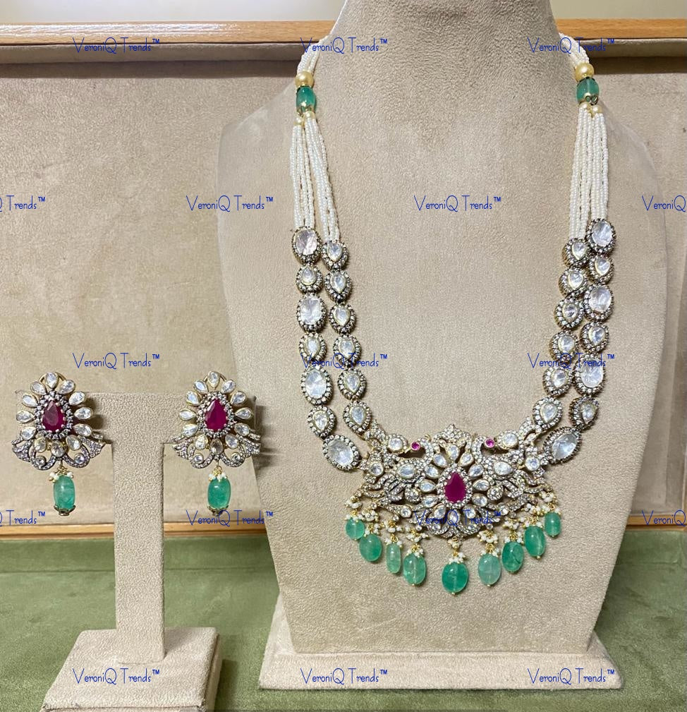 VeroniQ Trends-Victorian Peacock Design Double Line Ruby And Polki Silver Long Necklace With Green Beads 92.5 Silver Moissanite Diamond Polki-Ruby Stone-Gold Plated-Wedding Jewellery-Punjabi Jewellery-South Indian-Thappa Jewellery