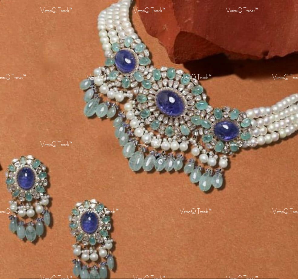 VeroniQ Trends-Victorian Bridal Pearl And Polki Silver Choker Necklace Pearl 92.5 Sliver Mossianite Diamond Polki-Fresh Water Pearl-Gold Plated-Wedding Jewellery-Punjabi Jewellery-South Indian-Thappa Jewellery