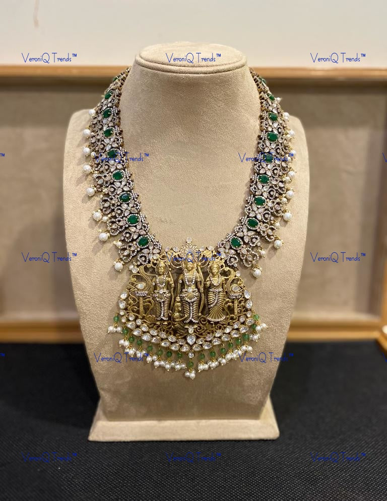 VeroniQ Trends-Victorian Ram Parivar Pendant Emerald Pearl And Polki Silver Long Necklace 92.5 Silver Moissanite Diamond Polki-Emerald Stone-Fresh Water Pearl-Gold Plated-Wedding Jewellery-Punjabi Jewellery-South Indian-Thappa Jewellery