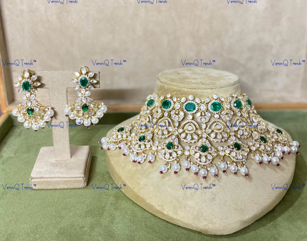 VeroniQ Trends-Victorian Bridal Emerald Pearl And Polki Silver Choker Necklace 92.5 Silver Moissanite Diamond Polki-Emerald Stone-Fresh Water Pearl-Gold Plated-Wedding Jewellery-Punjabi Jewellery-South Indian-Thappa Jewellery