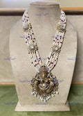 VeroniQ Trends-Victorian Lord Ganesh Pendant Multistrand Polki Silver Long Necklace 92.5 Silver Moissanite Diamond Polki-Gold Plated-Wedding Jewellery-Punjabi Jewellery-South Indian-Thappa Jewellery