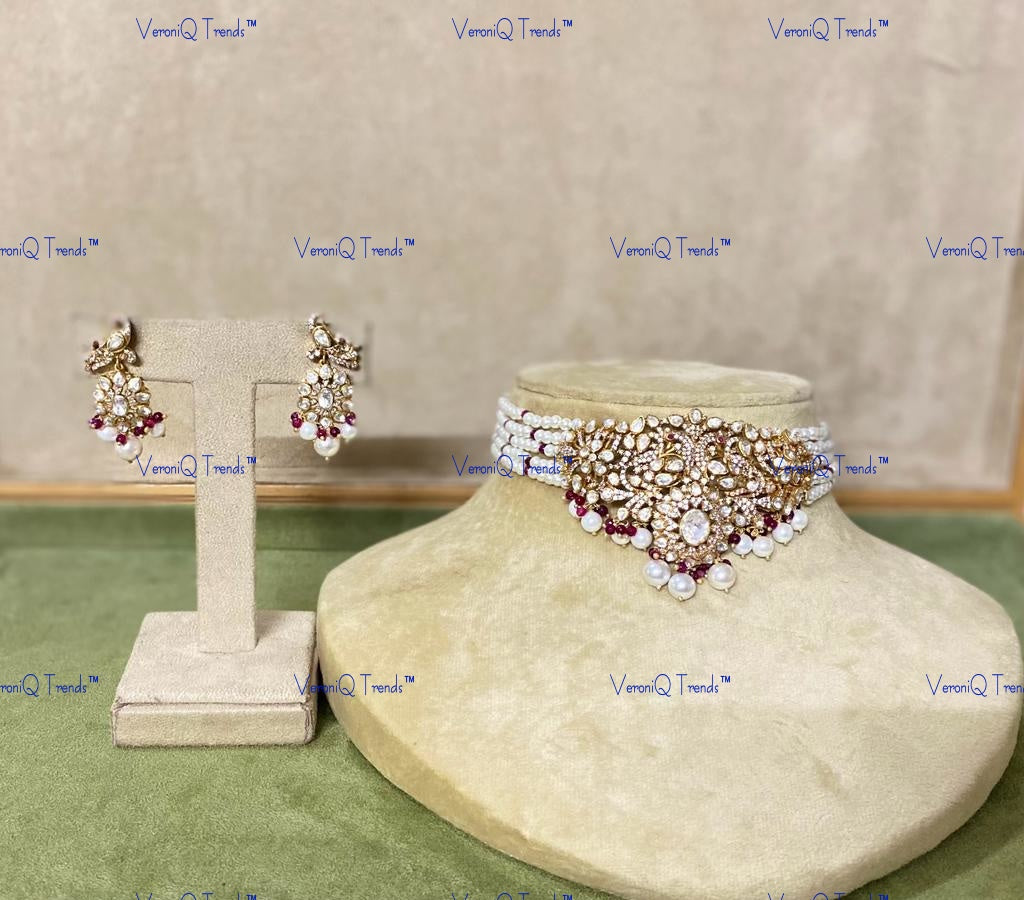 VeroniQ Trends-Victorian Multistrand Ruby Sapphire And Polki Silver Choker Necklace With Peacock Motif 92.5 Silver Moissanite Diamond Polki-Ruby Stone-Sapphire Stone-Gold Plated-Wedding Jewellery-Punjabi Jewellery-South Indian-Thappa Jewellery