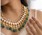 VeroniQ Trends-Party Wear Diamond Look Silver Necklace With Beryls Beads 92.5 Silver Moissanite Diamond Polki-Gold Plated-Wedding Jewelry-Punjabi Jewelry-South Indian-Thappa Jewelry