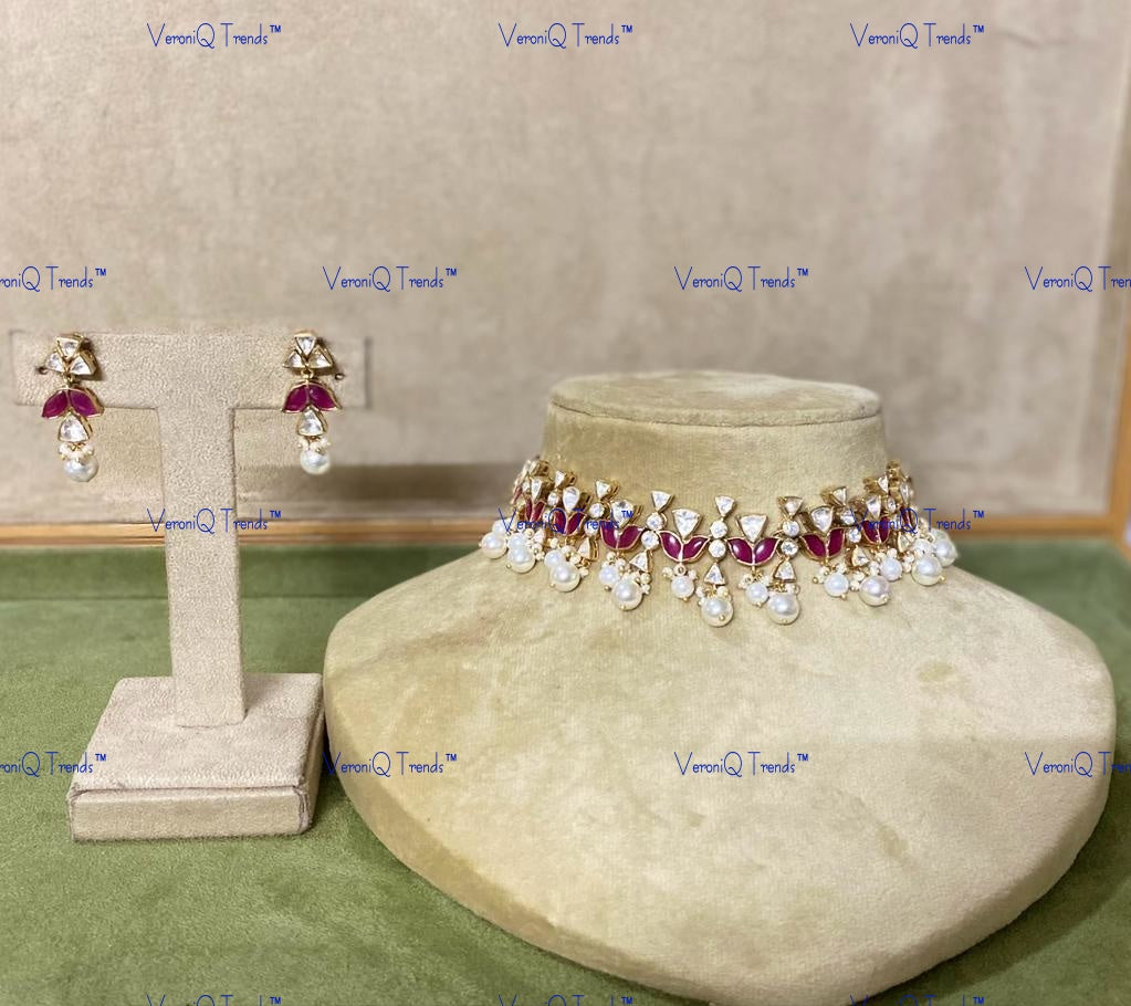 VeroniQ Trends-Victorian Single Line Ruby Pearl And Polki Silver Choker Necklace 92.5 Silver Moissanite Diamond Polki-Ruby Stone-Gold Plated-Wedding Jewellery-Punjabi Jewellery-South Indian-Thappa Jewellery