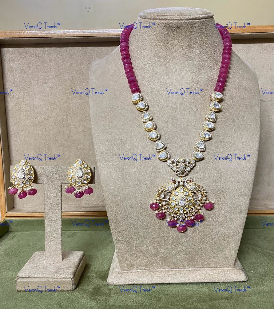 VeroniQ Trends-Victorian Single Line Ruby Beaded  And Polki Silver Long Necklace With Peacock Motif 92.5 Silver Moissanite Diamond Polki-Gold Plated-Wedding Jewellery-Punjabi Jewellery-South Indian-Thappa Jewellery