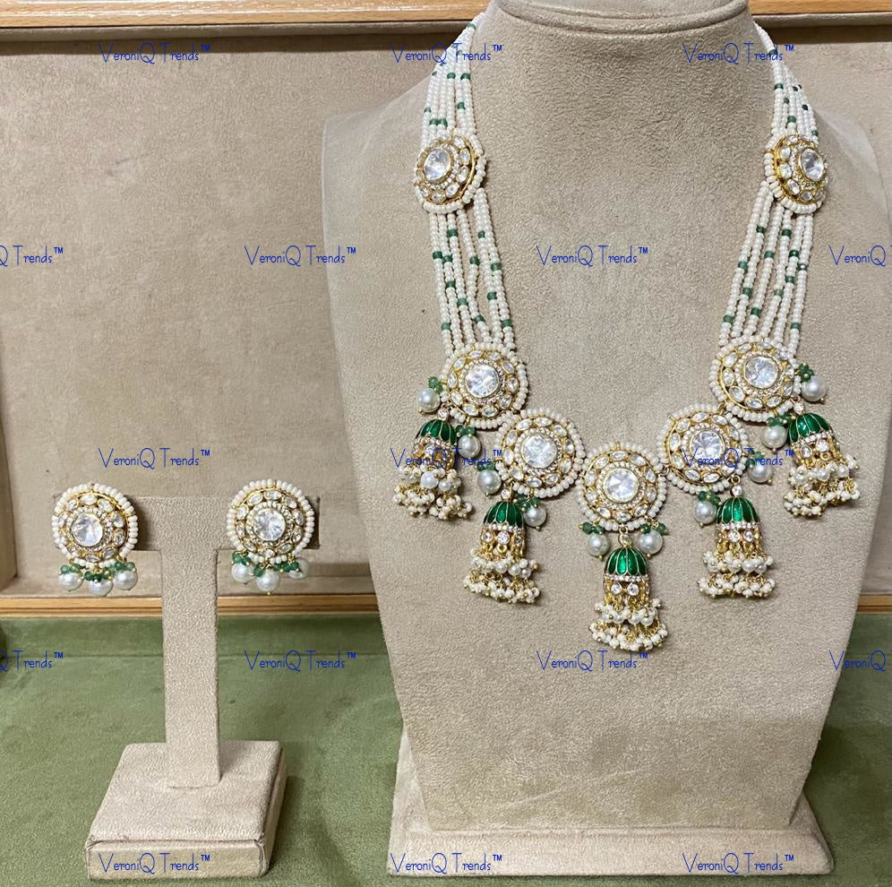 VeroniQ Trends-Victorian Bridal Multistrand Polki Silver Long Mughal Style Necklace 92.5 Silver Moissanite Diamond Polki-Gold Plated-Wedding Jewellery-Punjabi Jewellery-South Indian-Thappa Jewellery