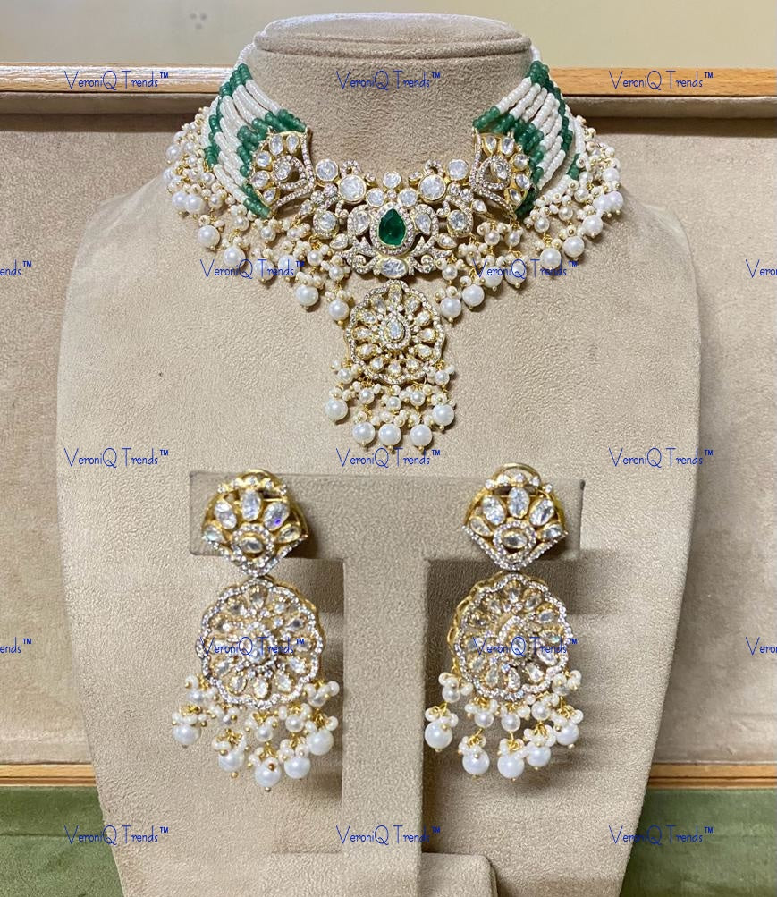 VeroniQ Trends-Victorian Multistrand Emerald And Polki Silver Choker Necklace 92.5 Silver Moissanite Diamond Polki-Emerald Stone-Gold Plated-Wedding Jewellery-Punjabi Jewellery-South Indian-Thappa Jewellery