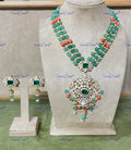 VeroniQ Trends-Victorian Pumpkin Green Beads Emerald And Polki Silver Long Necklace 92.5 Silver Moissanite Diamond Polki-Emerald Stone-Gold Plated-Wedding Jewellery-Punjabi Jewellery-South Indian-Thappa Jewellery
