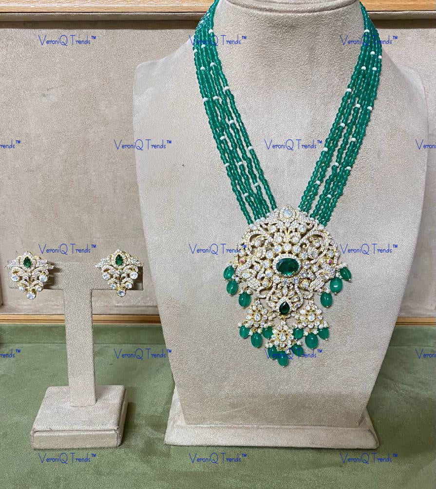 VeroniQ Trends-Victorian Multistrand Emerald And Polki Silver Long Necklace 92.5 Silver Moissanite Diamond Polki-Emerald Stone-Gold Plated-Wedding Jewellery-Punjabi Jewellery-South Indian-Thappa Jewellery