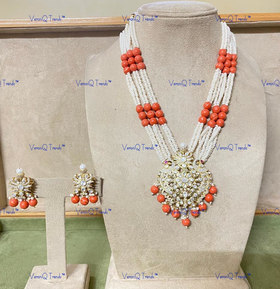 VeroniQ Trends-Victorian Multistrand Coral Beads And Polki Silver Long Necklace 92.5 Silver Moissanite Diamond Polki-Coral Beads-Gold Plated-Wedding Jewellery-Punjabi Jewellery-South Indian-Thappa Jewellery