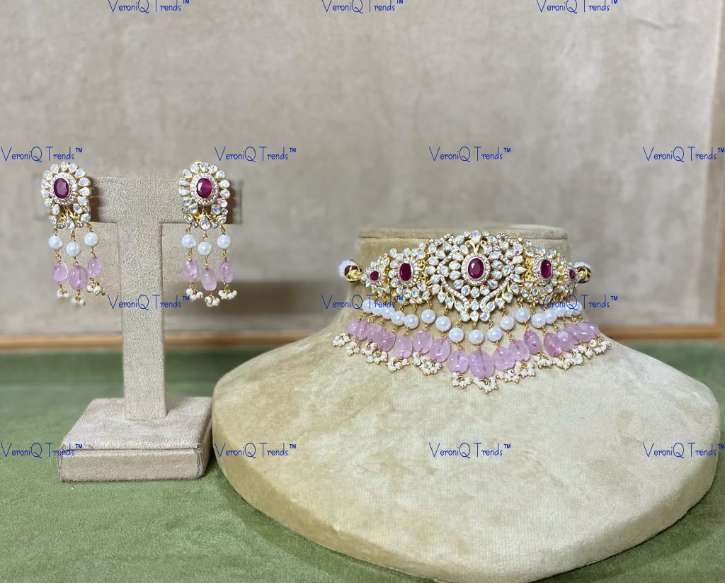 VeroniQ Trends-Victorian Baby Pink Beads Ruby And Polki Silver Long Necklace 92.5 Silver Moissanite Diamond Polki-Ruby Stone-Gold Plated-Wedding Jewellery-Punjabi Jewellery-South Indian-Thappa Jewellery