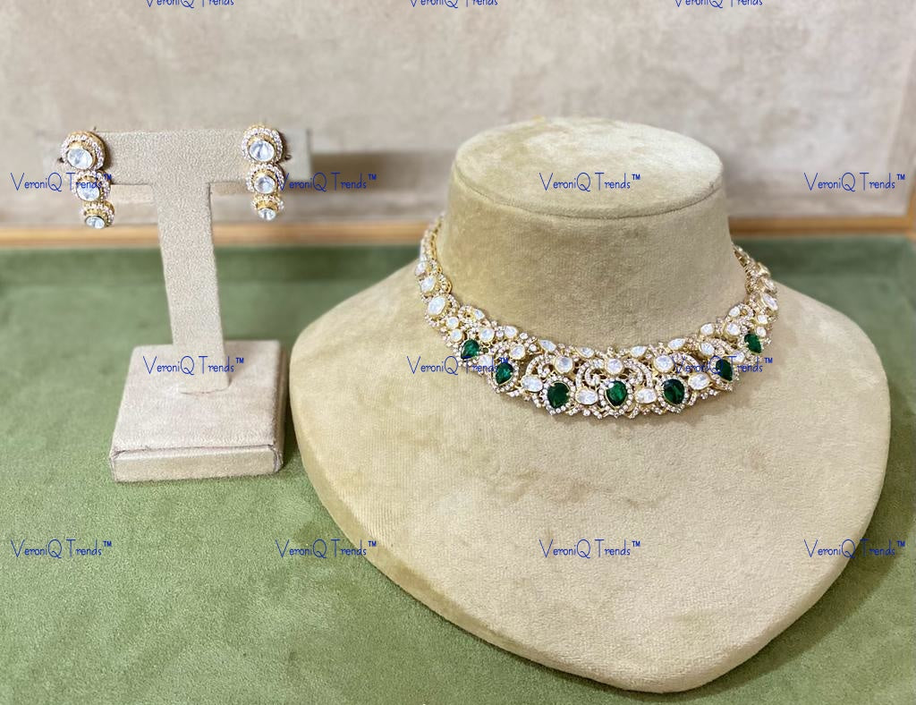 VeroniQ Trends-Victorian Emerald And Polki Silver Choker Necklace 92.5 Silver Moissanite Diamond Polki-Choker Stone-Gold Plated-Wedding Jewellery-Punjabi Jewellery-South Indian-Thappa Jewellery