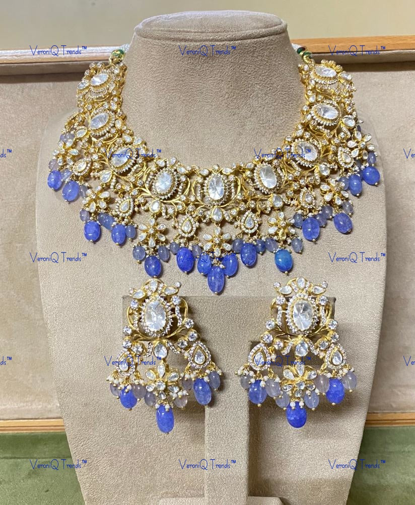 VeroniQ Trends-Victorian Bridal Amethyst Beads And Polki Silver Necklace 92.5 Silver Moissanite Diamond Polki-Amethyst Beads-Gold Plated-Wedding Jewellery-Punjabi Jewellery-South Indian-Thappa Jewellery