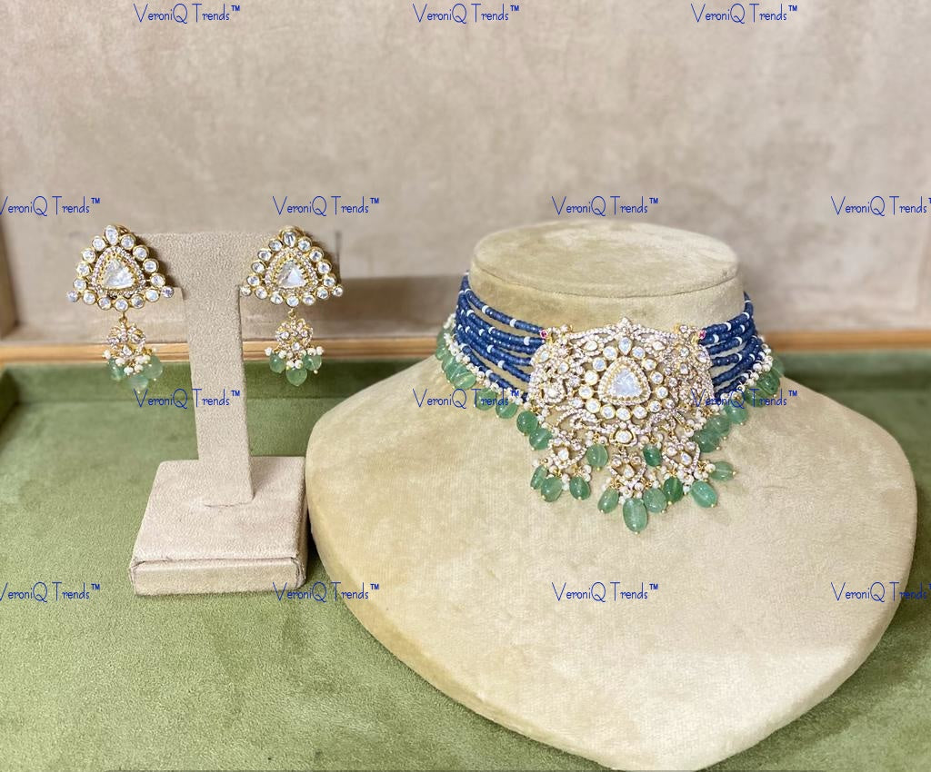 VeroniQ Trends-Victorian Multistrand Amethyst Beads And Polki Silver Choker Necklace With Peacock Motif 92.5 Silver Moissanite Diamond Polki-Gold Plated-Wedding Jewellery-Punjabi Jewellery-South Indian-Thappa Jewellery