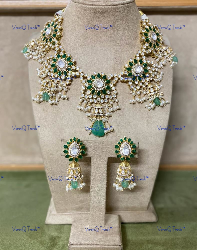 VeroniQ Trends-Victorian Bridal Floral Emerald And Polki Silver Necklace 92.5 Silver Moissanite Diamond Polki-Emerald Stone-Gold Plated-Wedding Jewellery-Punjabi Jewellery-South Indian-Thappa Jewellery