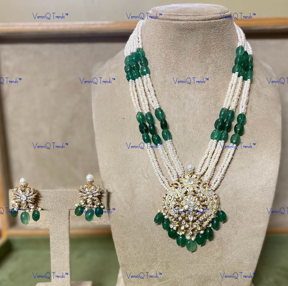 VeroniQ Trends-Victorian Amethyst And Green Beads And Polki Silver Long Necklace With Peacock Motif 92.5 Silver Moissanite Diamond Polki-Gold Plated-Wedding Jewellery-Punjabi Jewellery-South Indian-Thappa Jewellery