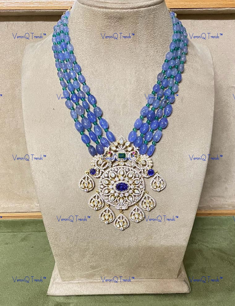 VeroniQ Trends-Victorian Multistrand Amethyst And Polki Silver Long Necklace 92.5 Silver Moissanite Diamond Polki-Gold Plated-Wedding Jewellery-Punjabi Jewellery-South Indian-Thappa Jewellery
