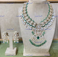VeroniQ Trends-Victorian Bridal Emerald And Polki Silver Long Necklace With Peacock Motif 92.5 Silver Moissanite Diamond Polki-Emerald Stone-Gold Plated-Wedding Jewellery-Punjabi Jewellery-South Indian-Thappa Jewellery