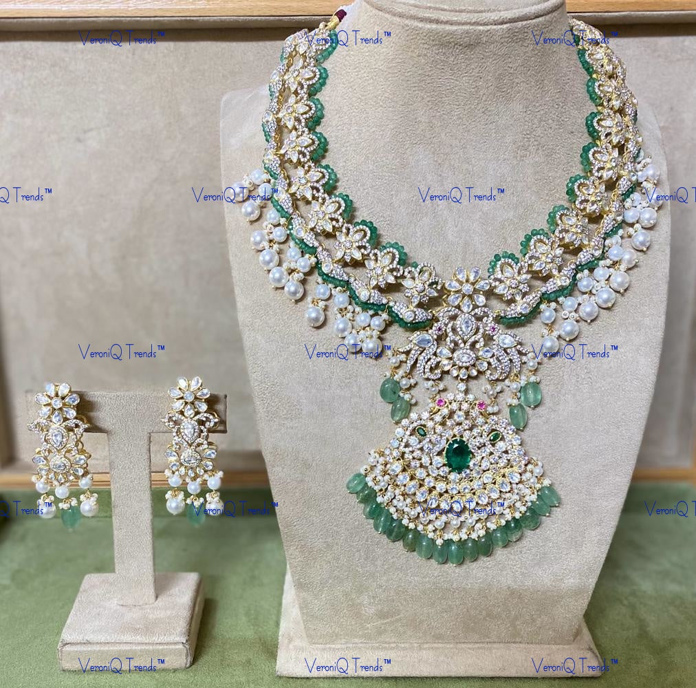 VeroniQ Trends-Victorian Bridal Emerald And Polki Silver Long Necklace With Peacock Motif 92.5 Silver Moissanite Diamond Polki-Emerald Stone-Gold Plated-Wedding Jewellery-Punjabi Jewellery-South Indian-Thappa Jewellery