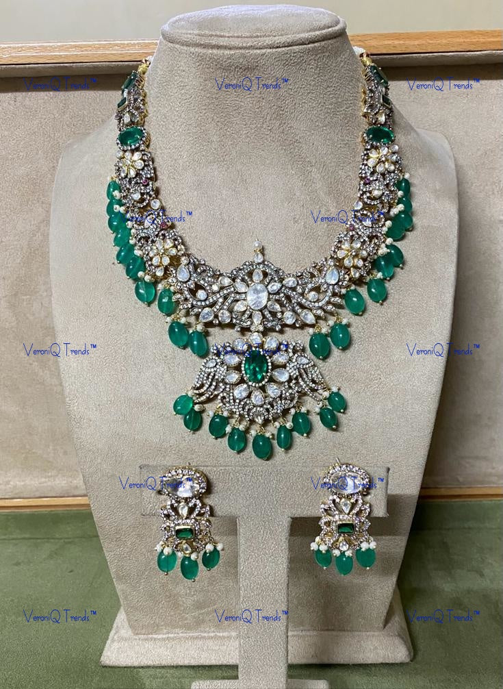 VeroniQ Trends-Victorian Bridal Emerald And Polki Silver Long Necklace With Peacock Motif 92.5 Silver Moissanite Diamond Polki-Emerald Stone-Gold Plated-Wedding Jewellery-Punjabi Jewellery-South Indian-Thappa Jewellery