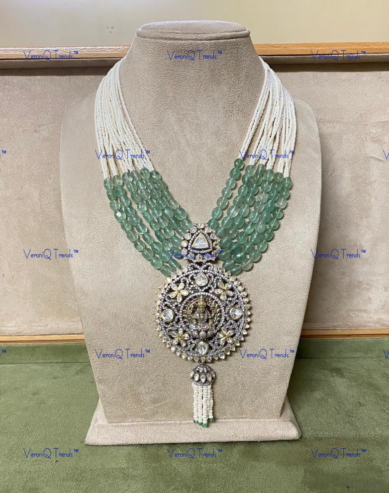 VeroniQ Trends-Victorian Goddess Laxmi Pendant Multistrand Polki Silver Long Necklace 92.5 Silver Moissanite Diamond Polki-Gold Plated-Wedding Jewellery-Punjabi Jewellery-South Indian-Thappa Jewellery