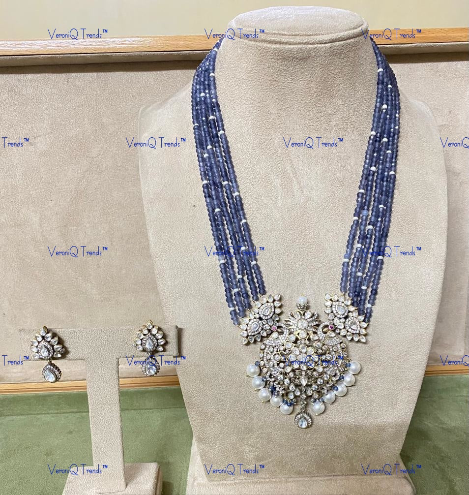 VeroniQ Trends-Victorian Sapphire Beads Pearl And Polki Silver Long Necklace With Peacock Motif 92.5 Silver Moissanite Diamond Polki-Gold Plated-Wedding Jewellery-Punjabi Jewellery-South Indian-Thappa Jewellery
