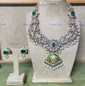 VeroniQ Trends-Elegant Victorian Bridal Emerald And Polki Silver Long Necklace With Elephant Motif 92.5 Silver Moissanite Diamond Polki-Emerald Stone-Gold Plated-Wedding Jewellery-Punjabi Jewellery-South Indian-Thappa Jewellery