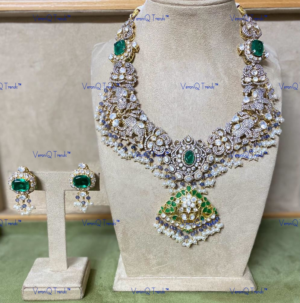 VeroniQ Trends-Elegant Victorian Bridal Emerald And Polki Silver Long Necklace With Elephant Motif 92.5 Silver Moissanite Diamond Polki-Emerald Stone-Gold Plated-Wedding Jewellery-Punjabi Jewellery-South Indian-Thappa Jewellery
