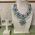 VeroniQ Trends-Elegant Victorian Bridal Emerald And Polki Silver Long Necklace With Peacock Motif 92.5 Silver Moissanite Diamond Polki-Emerald Stone-Gold Plated-Wedding Jewellery-Punjabi Jewellery-South Indian-Thappa Jewellery