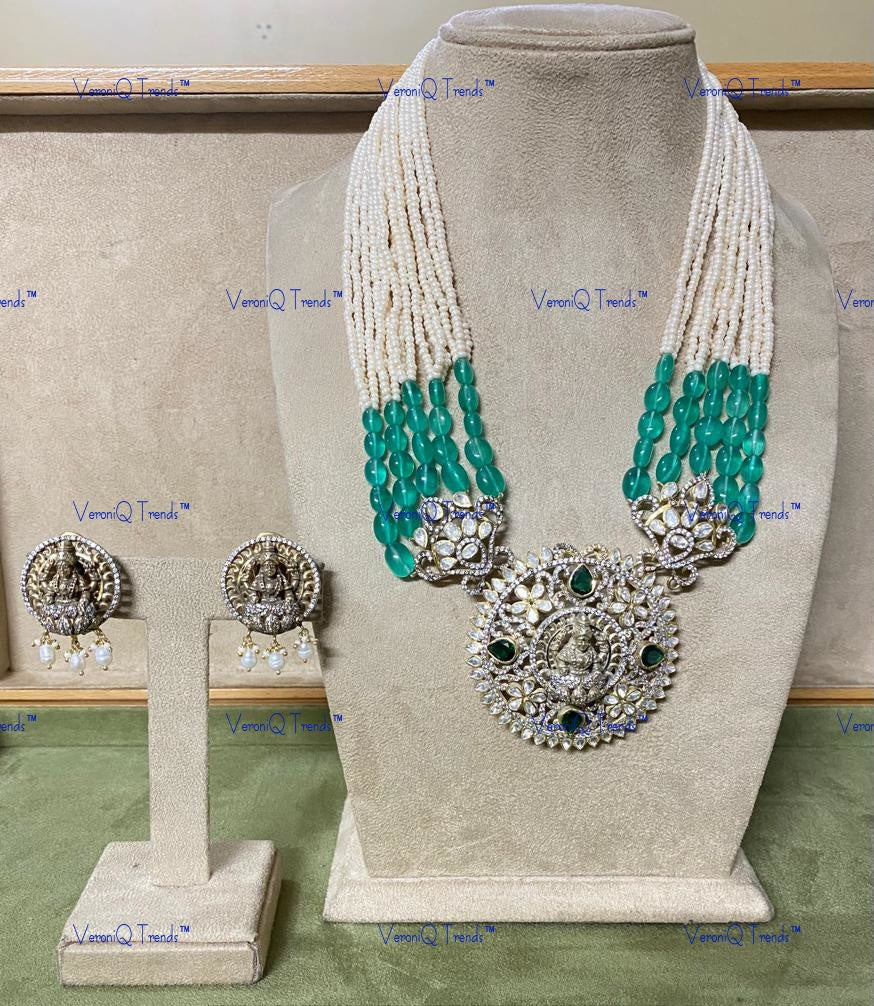 VeroniQ Trends-Multistrand Victorian Emerald And Polki Silver Goddess Laxmi Pendant Long Necklace 92.5 Silver Moissanite Diamond Polki-Emerald Stone-Gold Plated-Wedding Jewellery-Punjabi Jewellery-South Indian-Thappa Jewellery