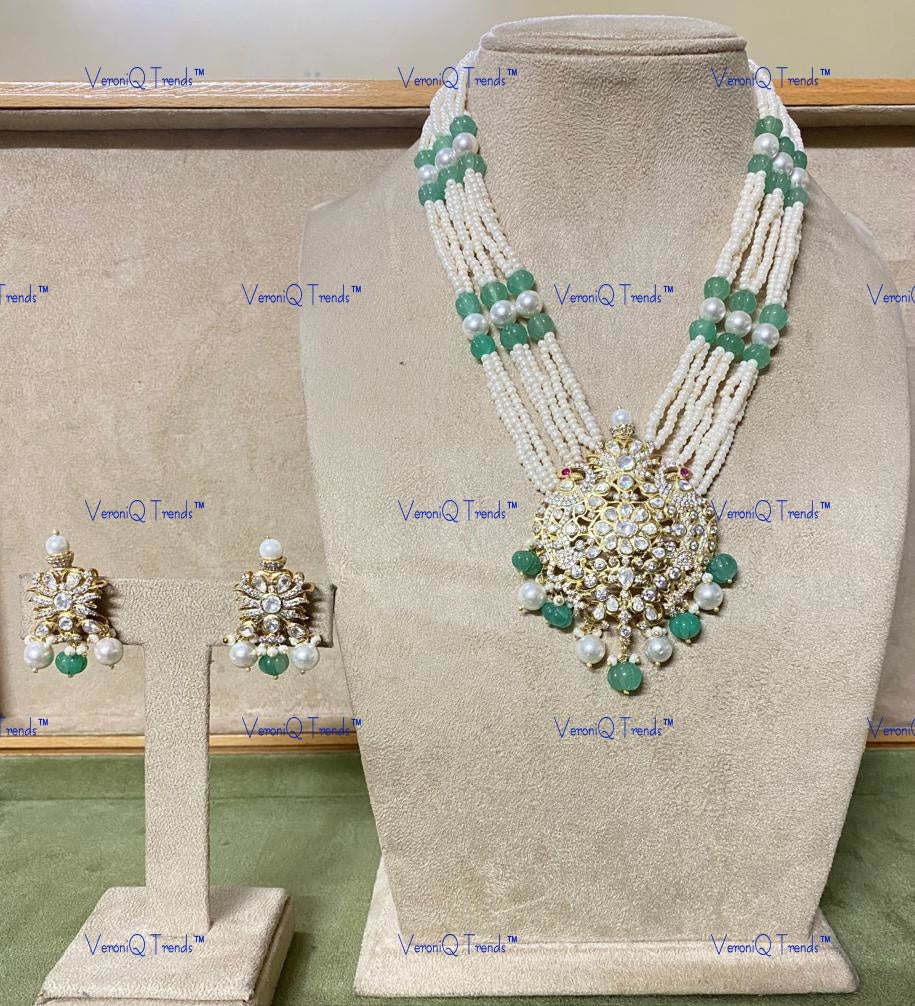 VeroniQ Trends-Multistrand Victorian Pumpkin Beads Pearl And Polki Silver Long Necklace With Peacock Motif 92.5 Silver Moissanite Diamond Polki-Gold Plated-Wedding Jewellery-Punjabi Jewellery-South Indian-Thappa Jewellery