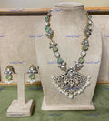 VeroniQ Trends-Victorian Emerald Pearl And Polki Silver Long Necklace 92.5 Silver Moissanite Diamond Polki-Emerald Stone-Gold Plated-Wedding Jewellery-Punjabi Jewellery-South Indian-Thappa Jewellery